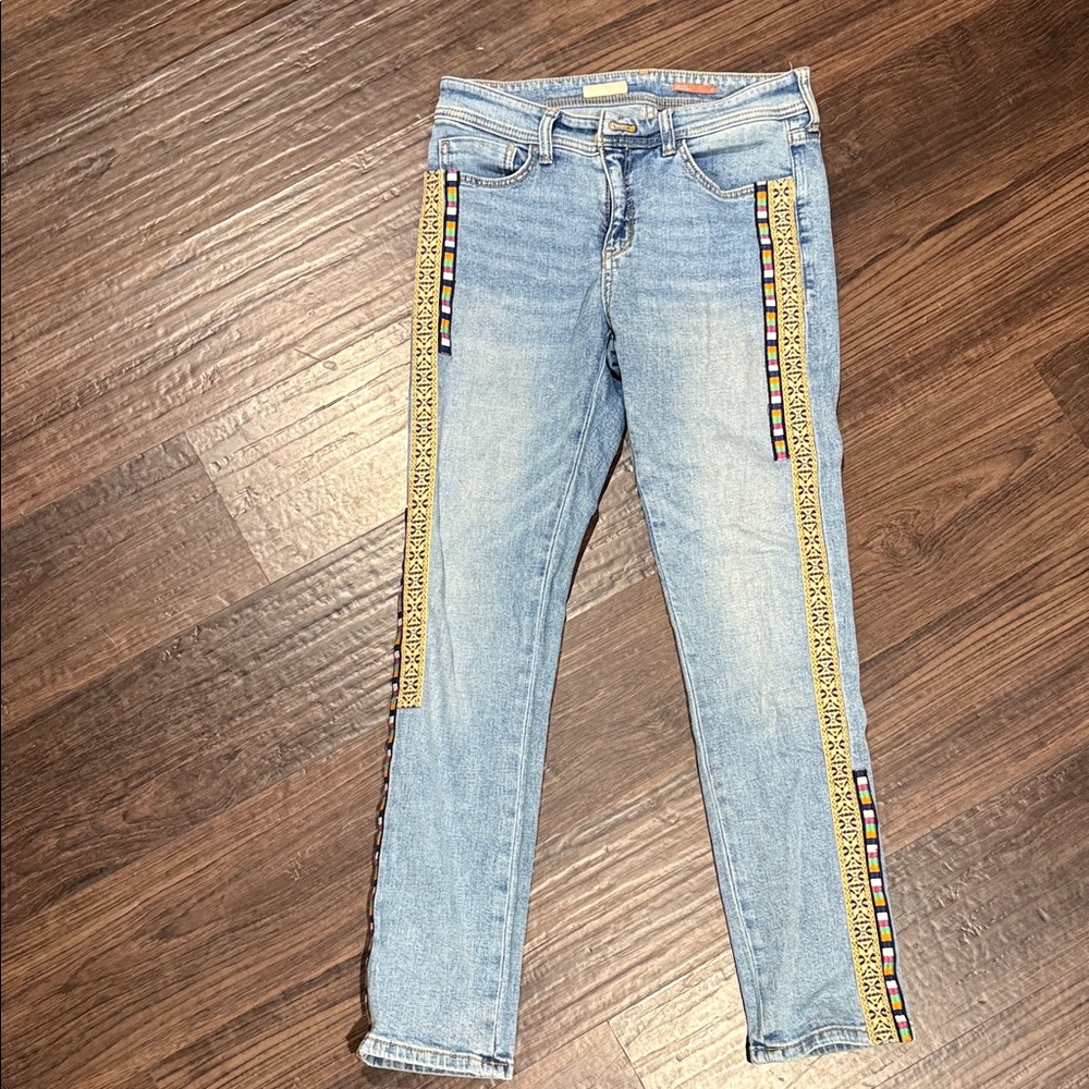 Anthropologie Light Blue Skinny Jeans with Yellow Embroidered Side Trim